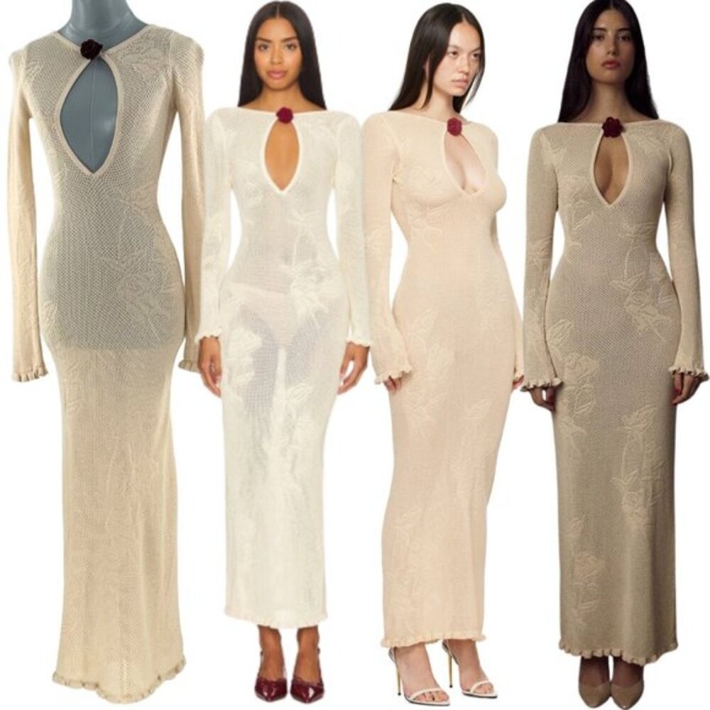 🆕 MIRROR PALAIS 🧿 NWOT Rose Pointelle Crochet Knit Dress, Soft Beige - Sz XS